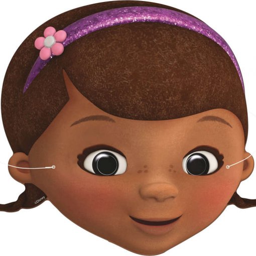 Máscara de personagem infantil com cabelo castanho e faixa roxa com flor