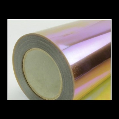 Rolo de película metálica reflexiva roxa e dourada com núcleo de cartão