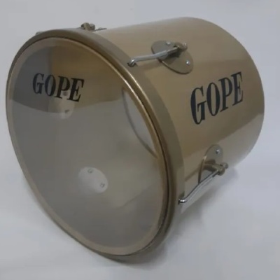 Tambor metálico dourado GOPE com pele translúcida e texto impresso
