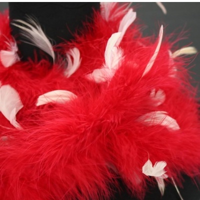 Boa de penas vermelhas com penas brancas sobre fundo preto