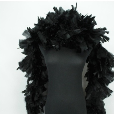 Boá de penas pretas em manequim preto com fundo branco