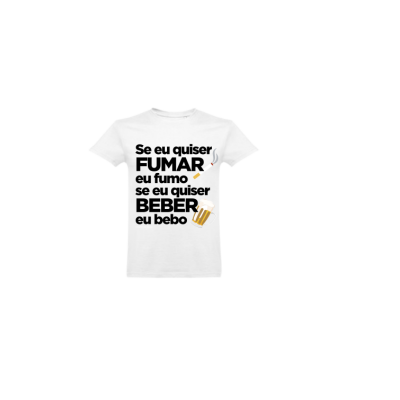 T-shirt branca com texto em português e imagens de cigarro e cerveja