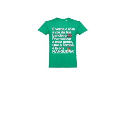 T-shirt verde com texto em branco e rosa e símbolo de coroa.