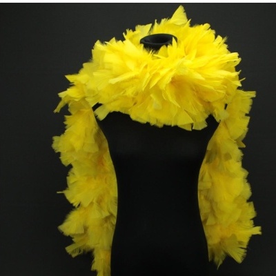 Cachecol amarelo de plumas num manequim preto