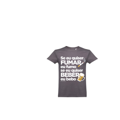 T-shirt cinzenta com texto e desenhos de cigarro e cerveja