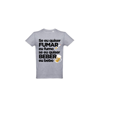 T-shirt cinza com texto e ilustrações de cigarro e cerveja