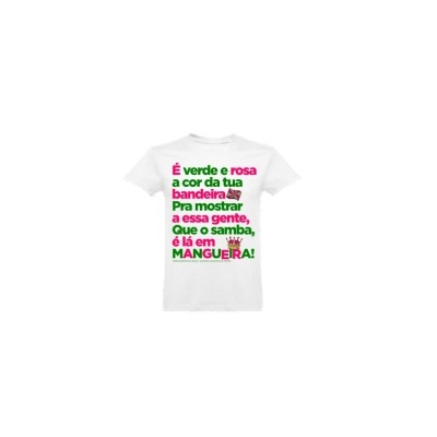 Camiseta branca com texto verde e rosa e imagem de coroa