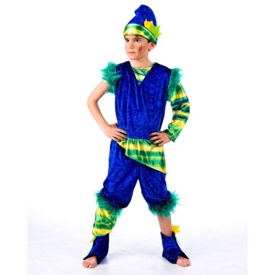 Fato infantil azul, verde e amarelo com chapéu pontudo e pelúcia