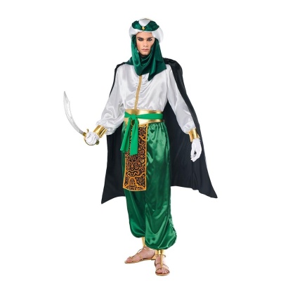 Fato masculino fantasia com calças verdes, túnica branca, capa preta, touca branca e verde, luvas brancas e espada curva