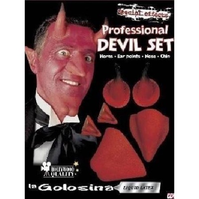 Conjunto profissional de disfarce de diabo em látex líquido com chifres, orelhas, nariz e queixo vermelhos