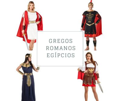 Quatro pessoas com fatos de Gregos, Romanos e Egípcios com detalhes em dourado, vermelhos e azuis.