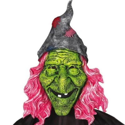 Máscara de bruxa verde com cabelo e chapéu rosa