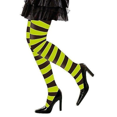 Meia-calça de cano alto com listras fluorescentes amarelas e pretas