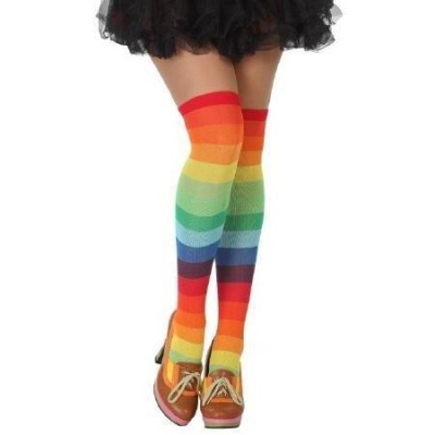 Meias-liga listradas coloridas acima do joelho