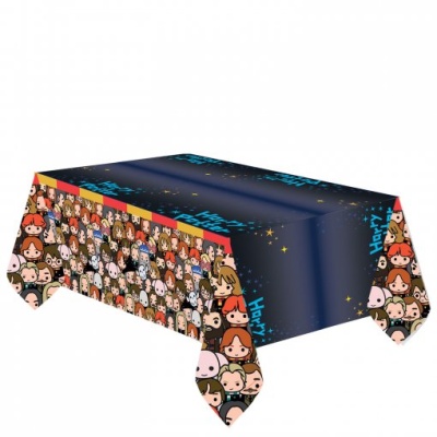 Toalha de mesa com padrão de personagens de desenho animado e texto HAPPY