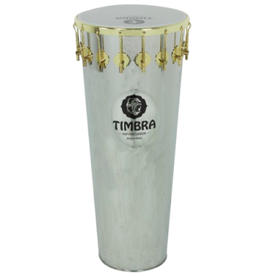 Conga metálica prateada com ferragens douradas e pele branca superior, com texto TIMBRA visível