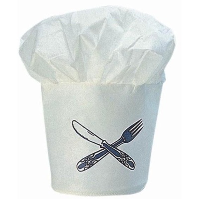 Gorro de chefe de cozinha branco com estampa de faca e garfo cruzados