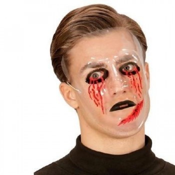 Máscara transparente com pintura preta e vermelha, rosto de pessoa com cabelo castanho claro e blusa preta