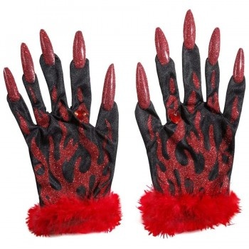 Luvas pretas com chamas vermelhas, unhas longas vermelhas brilhantes e punhos com pelo vermelho