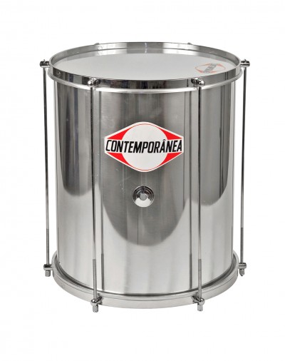 Tambor musical metálico prateado com logo CONTEMPORÂNEA