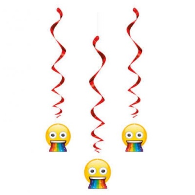 Três decorações suspensas vermelhas com emoji vomitando arco-íris