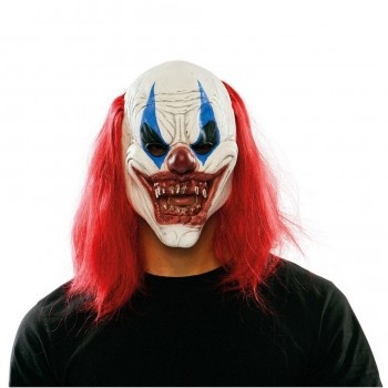 Máscara de palhaço assustador com cabelo vermelho e pintura azul e vermelha