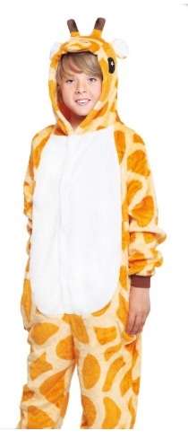 Pijama macacão de criança com padrão de girafa em tecido felpudo amarelo e castanho
