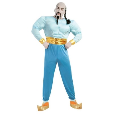 Fantasia masculina azul clara e dourada com peruca e barba