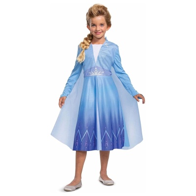 Vestido azul de criança com capa e padrão branco, usado por menina.