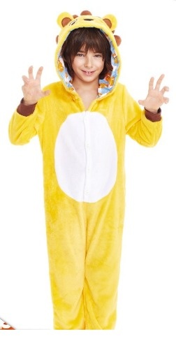 Fato pijama amarelo com capuz de leão para criança