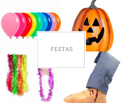 Balões coloridos, decoração de abóbora Halloween, colares de penas coloridas e perna falsa com calça azul