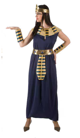 Vestido azul escuro com detalhes dourados e azuis inspirado no Egito antigo