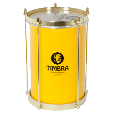 Tambor amarelo TIMBRA com armação metálica dourada e texto preto