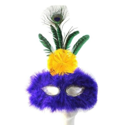 Máscara com lilás e laranja e pena de pavão