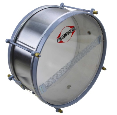 tambor de percussão metálico com pele translúcida e marca CONTEMPORANEA