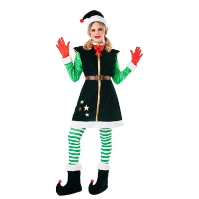 Fantasia de elfo de Natal com vestido verde, calças riscas verdes e brancas e acessórios festivos