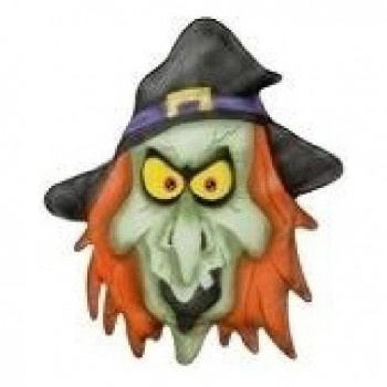 Máscara de bruxa com rosto verde, cabelo laranja e chapéu preto