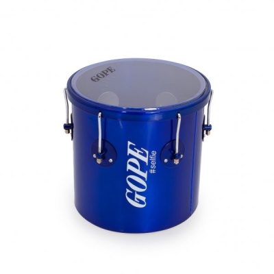 Tambor azul modelo repinique da marca GOPE com texto impresso e detalhes metálicos prateados