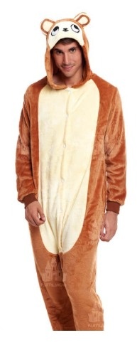 Macacão de pelúcia castanho e bege com capuz de urso para homem