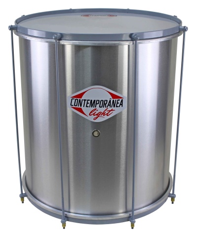 Tambor prateado com pele branca e marca CONTEMPORÂNEA light