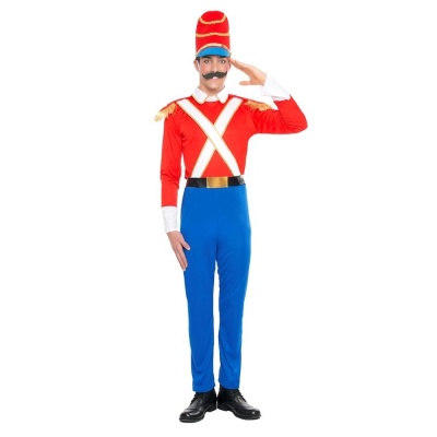 Fato de soldado de brinquedo vermelho e azul com chapéu alto