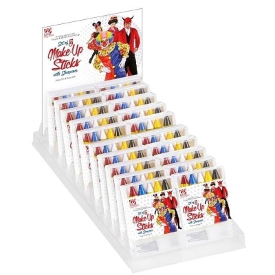 Expositor com vários conjuntos de lápis de maquilhagem coloridos e aplicadores em embalagem ilustrada