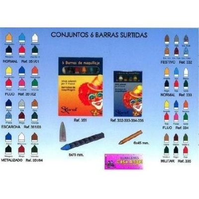 Conjunto de 6 barras de maquilhagem coloridas com embalagem azul e etiquetas das cores