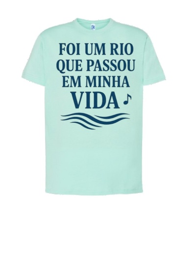T-shirt verde água com texto azul escuro e símbolos musicais