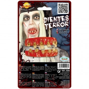 Embalagem com dentes de plástico amarelo e vermelho para Halloween com texto Dientes Terror