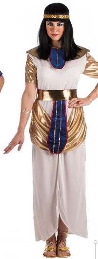 Fantasia feminina egípcia com vestido branco e detalhes dourados e azuis