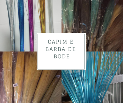 Várias fotos de capim e barba de bode em cores metálicas e naturais com etiquetas de preços.