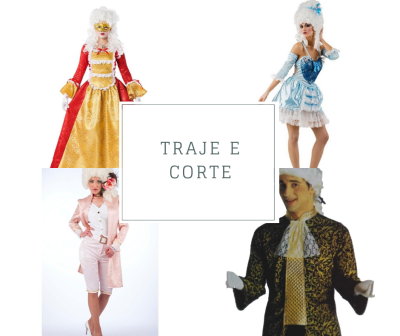 Quatro trajes de época barrocos coloridos e perucas brancas com texto central.