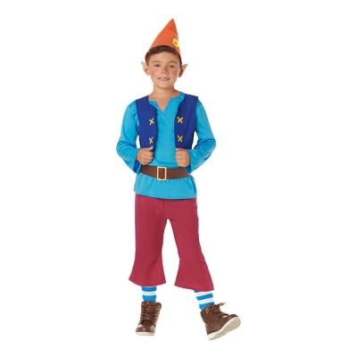 Fato infantil colorido com chapéu vermelho, colete azul e calças vermelhas