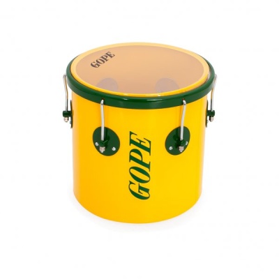 Tambor de percussão amarelo e verde com a marca GOPE